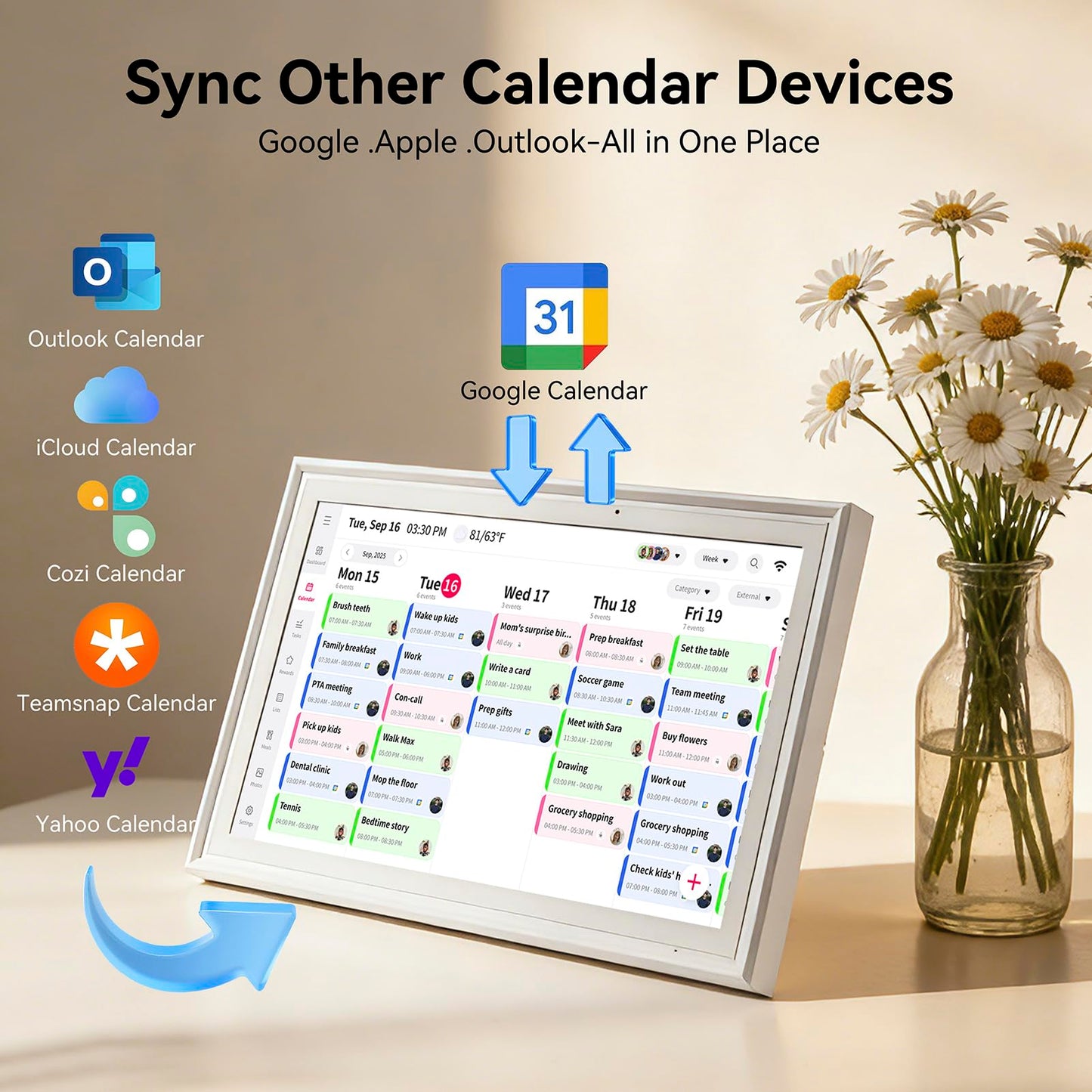 15.6 Inch Digital Calendar，Smart Touchscreen Interactive Display for Family Schedules，Chore Charts, Achievement Rewards,Meal Planner, to Do List，Wall & Desk Mount Smart Electronic Planne