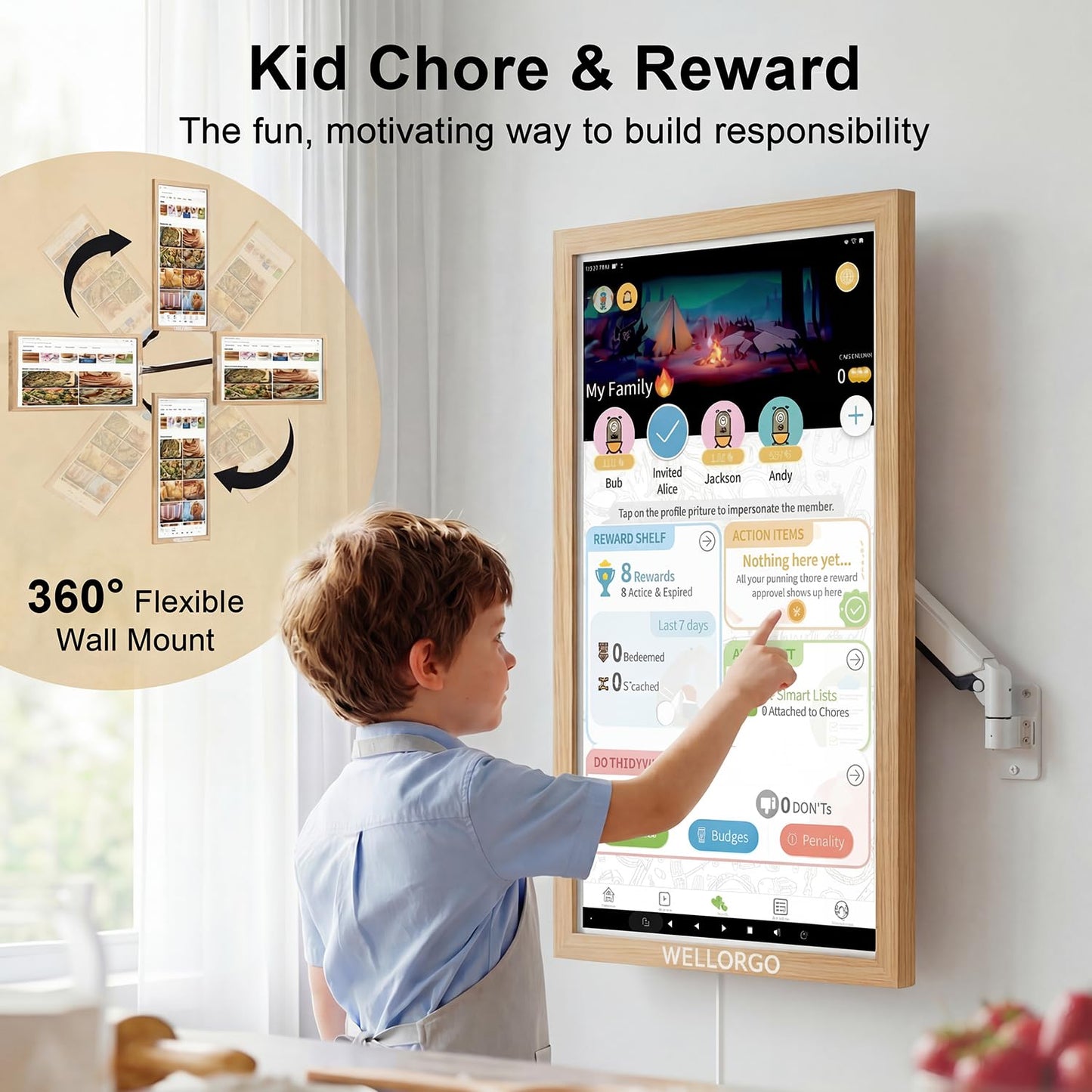 WELLORGO Smart Digital Calendar, 32” Electronic Planner with FHD Touch Screen & Remote Control, Electric Family Organizer with Chore Chart Google Play Customizable App, Wall Display Tablet with Camera
