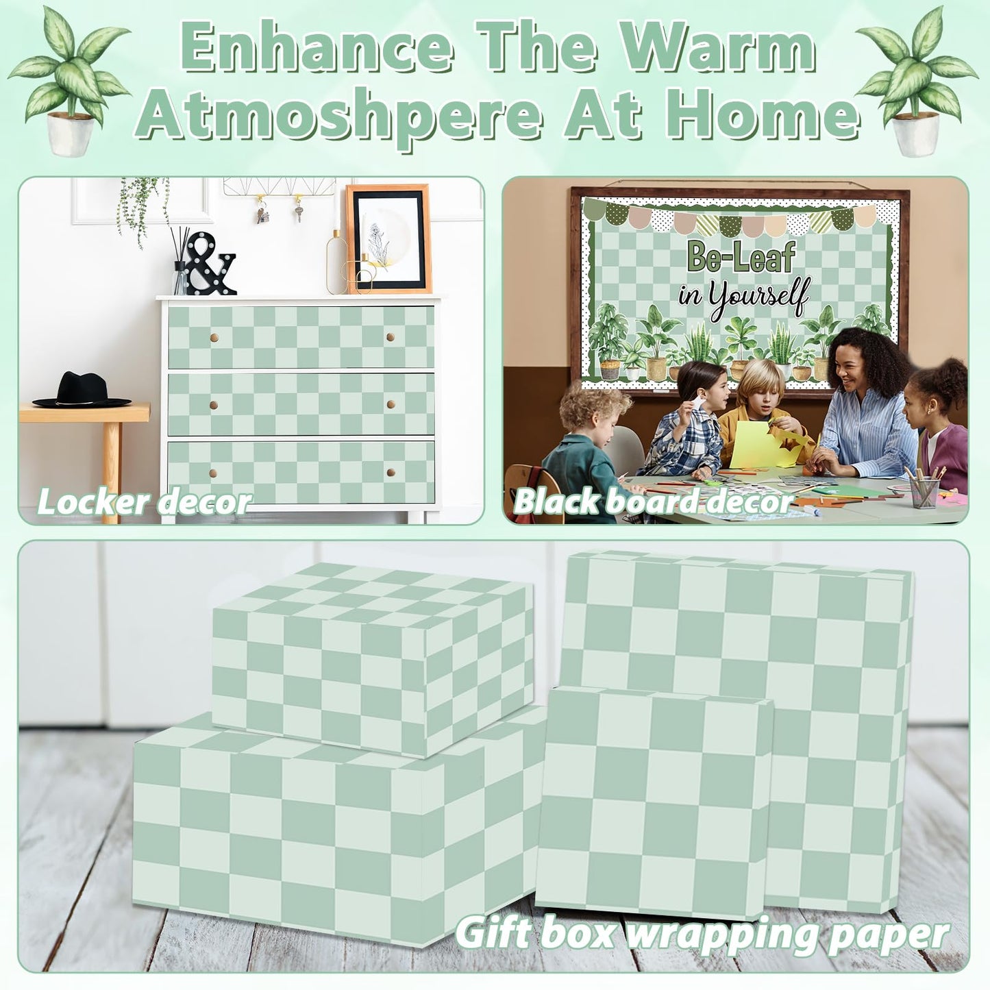 Green Checkered Bulletin Board Paper Roll Retro Hippie Green Bulletin Board Background Back to School Classroom Decor Poster for Art Craft DIY Project Home Office Spring Party Supplies 17.7inx20ft