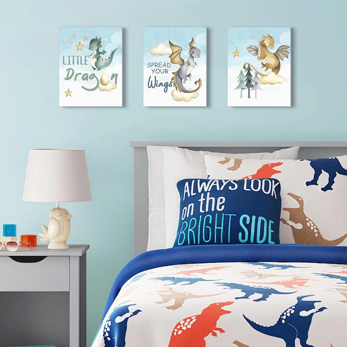 CHDITB Little Dragon Wall Art, Spread Your Wings Framed Canvas Wall Art Set, Fantasy Dragon Decor, Magical Castle Painting, Inspiring Quote Art Prints For Kids Room Nursery Decor(12X16 Inch)