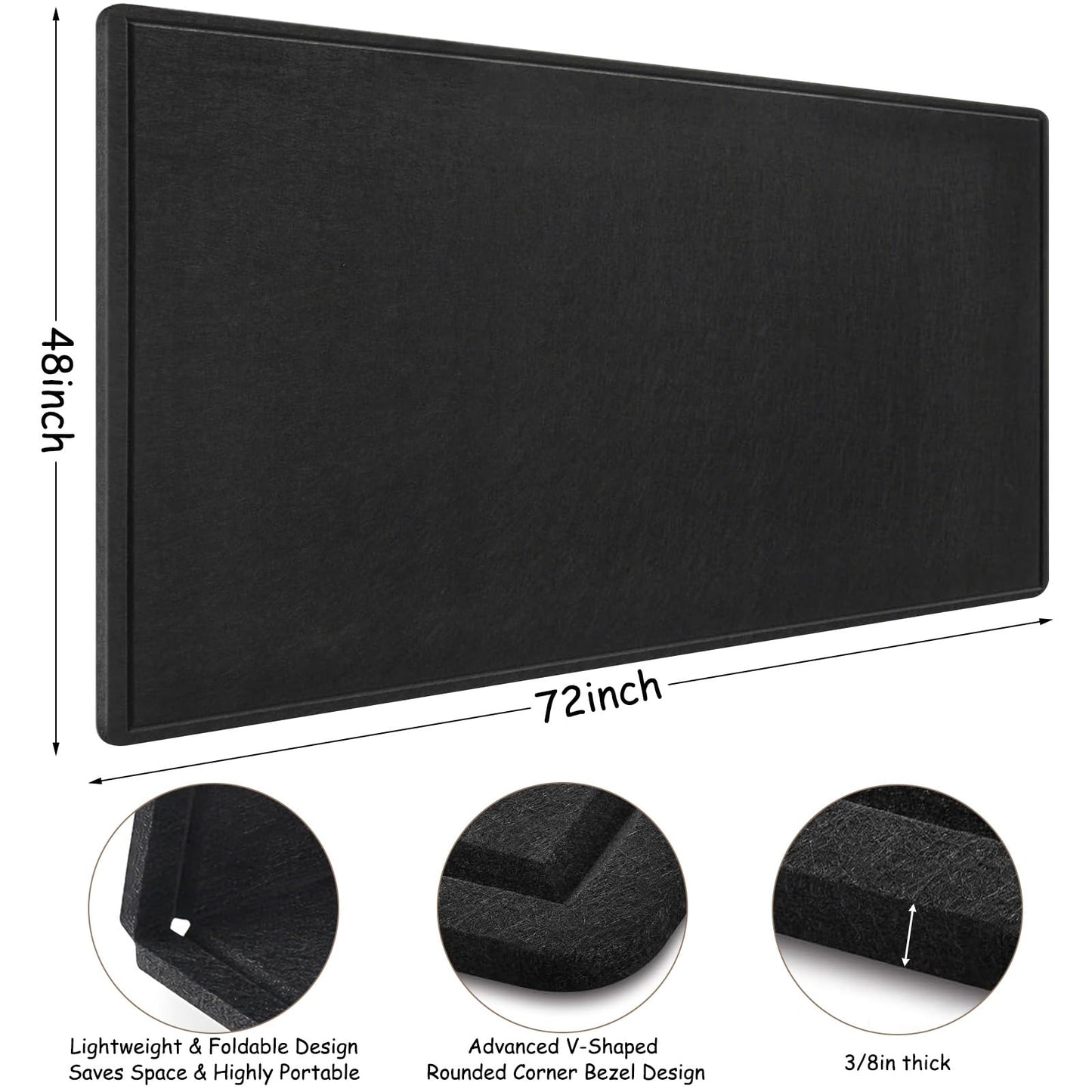 Large Bulletin Board - 72 x 48 Inches, Large Felt Board Decorative Pin Board for Wall, Foldable Photo Board, Lightweight Durable Pin Board for Home, Office, School, Classroom, Kitchen (Black)