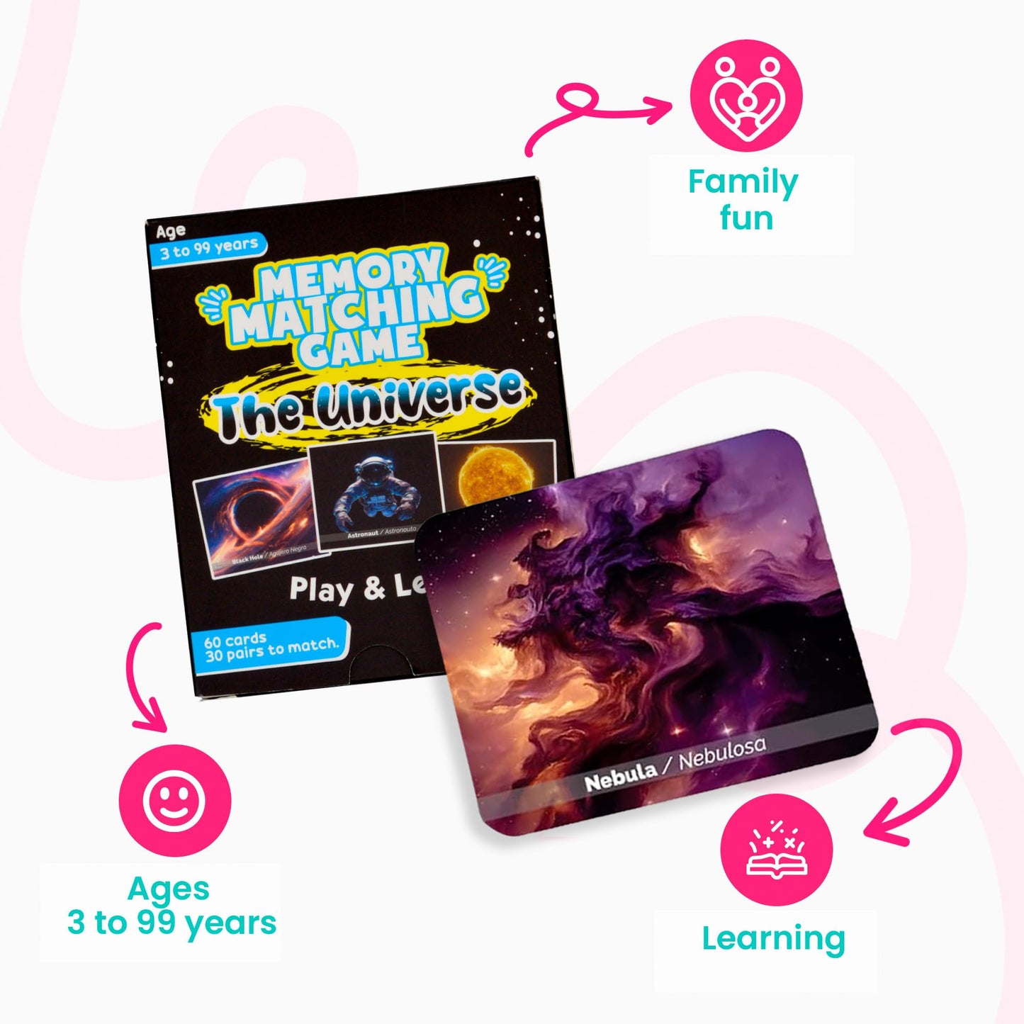 Menique Universe Memory Matching Game – 60 Cards (30 Pairs) – Bilingual Space Game with Planets, Stars & More – Educational for Kids and Adults