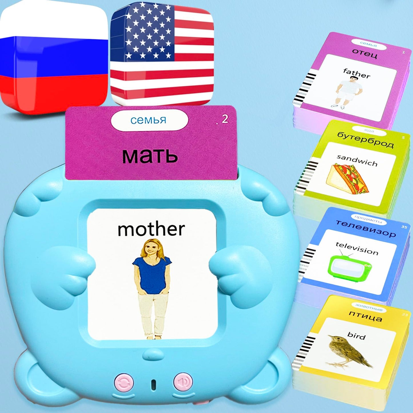MoLingvora Bilingual Talking Flash Cards for Kids - Russian English Flashcards Children Adults, 510 Sight Words, ABC Alphabet, Pocket Speech for Toddlers, Audible Sensory Toys (Russian, Blue)