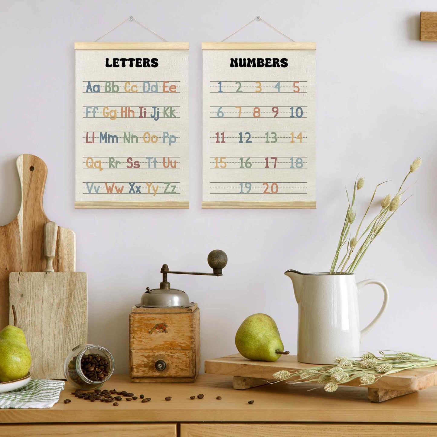TLESKE Alphabet ABC Numbers Chart Poster Hanger Frame for Toddler Kid Classroom Set of 2, Homeschool Hanging Wall Art Decor for Nursery Playroom, Preschool Prek Learning Educational Poster, 12x16