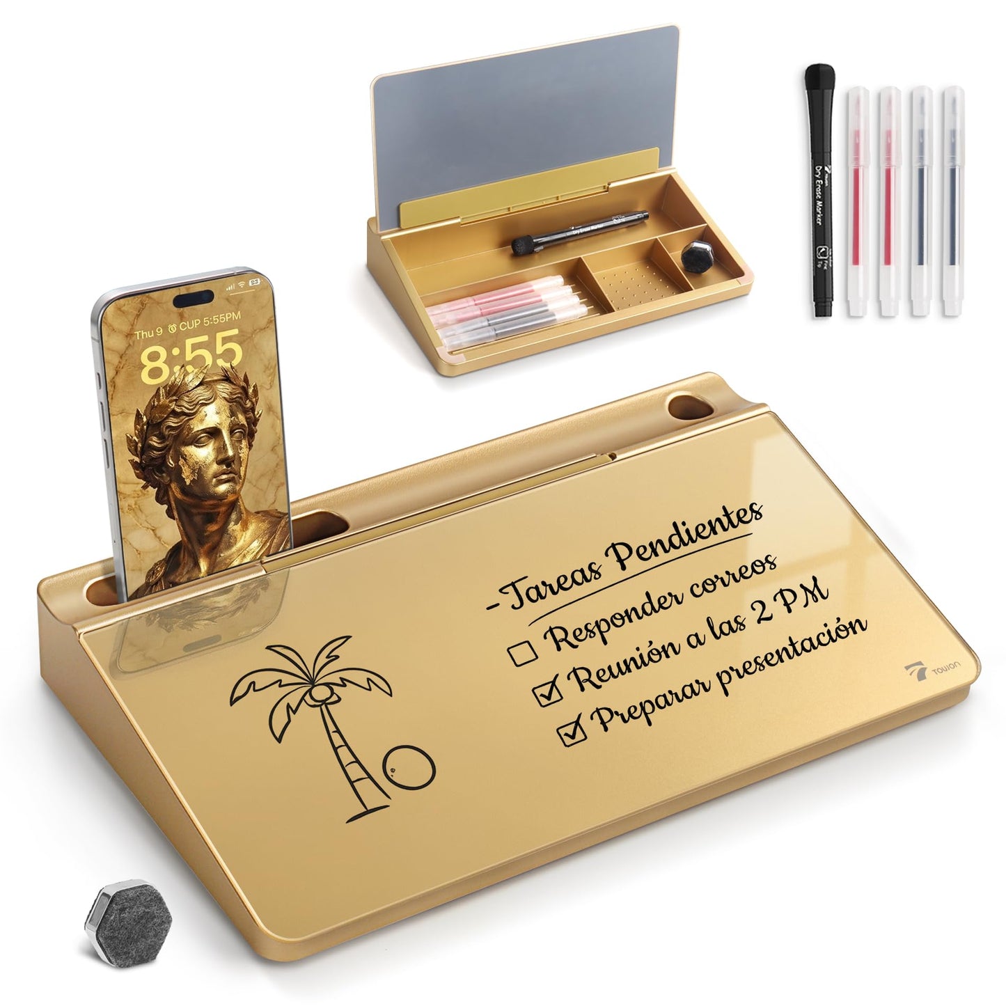 TOWON Small Compact Glass Desktop Whiteboard with Storage – 12 x 7 in Dry Erase Board for Desk, Home Office, School | Includes 5 Markers, Eraser & Holder | Space-Saving Organizer, Metallic Gold