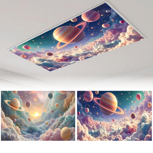 Zepluron 2-pack fluorescent lampshades for ceiling lights – 2x4 ft classroom filters, teacher essentials, and office/home décor – Fire-retardant magnetic lampshades (Colorful planet)