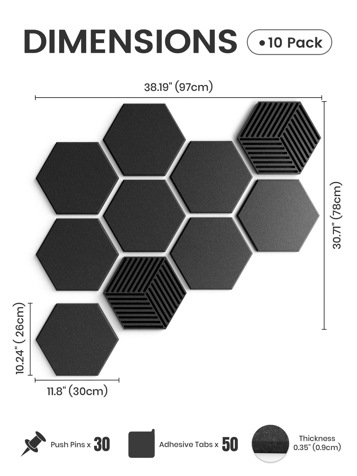 Fluxynara Hexagon Cork Board Alternative for Walls Decor-10-Pack Felt Bulletin Board Tiles,with 30 Pushpins,50 Adhesive Tabs for Office,Classrooms & Home Pin Board Felt Board-Black
