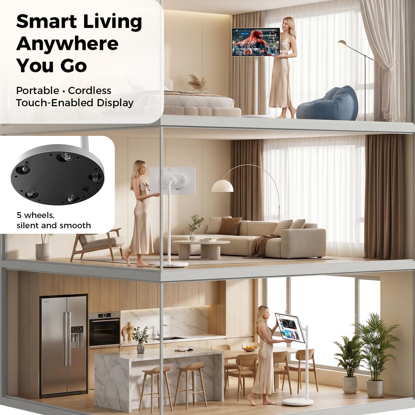 VLH 27 Inch Smart Portable TV, FHD Touch Screen Rolling Monitor on Wheels, Android 15, 6GB +128GB, Wireless Tablet Display, EDLA-Certified, 4K Hidden Camera, 27000mAh Battery, Voice Remote Control