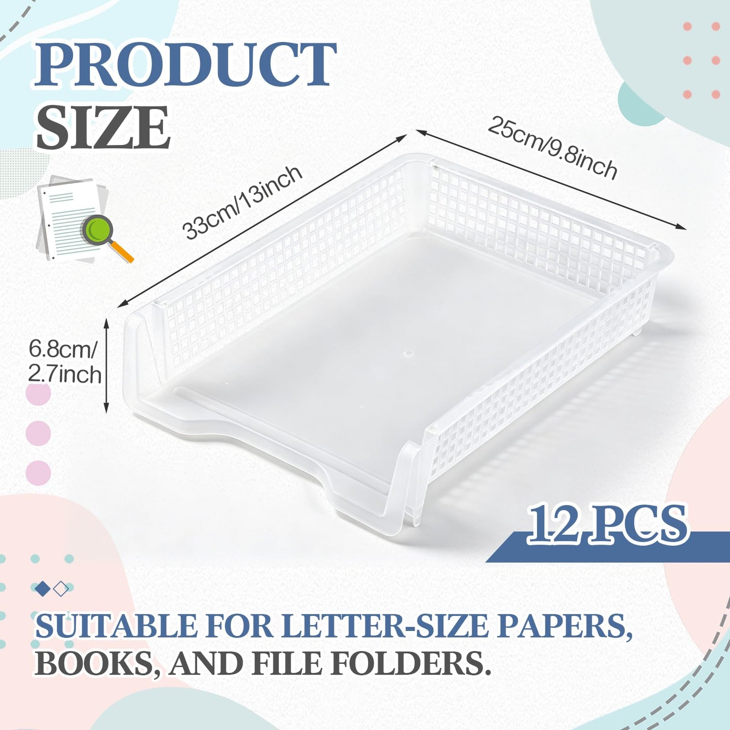 Geetery Set of 12 Plastic Trays for Teachers Turn in Trays Classroom Stackable Paper Tray Plastic Classroom Teachers Desk Letter Organizer Storage Baskets for Office, Desk, Home (Clear)