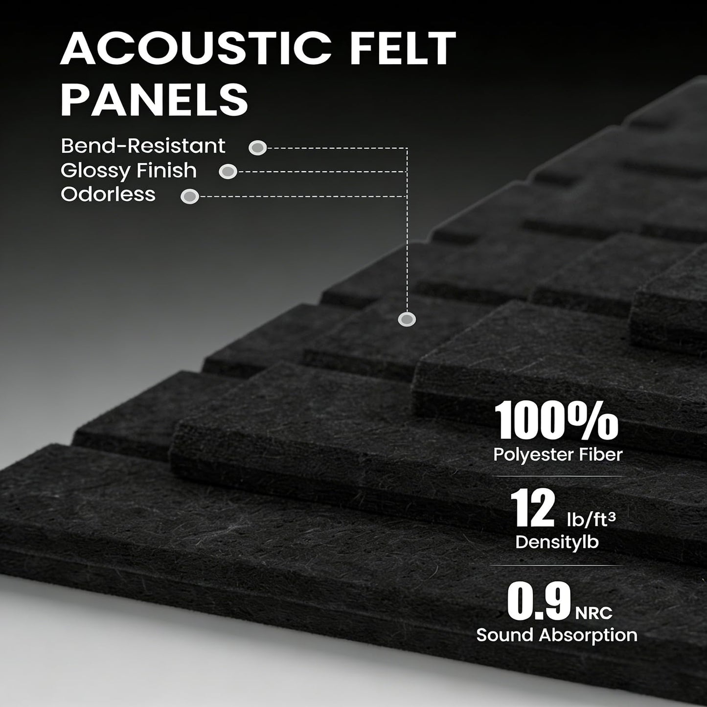 Slat Felt Wall Tiles (12 Pack) - 11.8"x11.8" Self-Adhesive Bulletin Board for Wall, Acoustic Panels for Sound Dampening, Modern Black Pin Board, Home Office Decor (30x30cm)