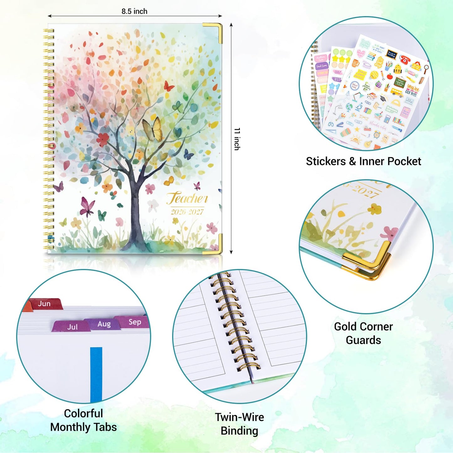 Teacher Planner 2026-2027 Academic Year, Jul.2026 - Jun.2027, 8.5" x 11" Lesson Planner Book for Teachers, Teacher Planners with Colorful Monthly Tabs, Hardcover- Tree
