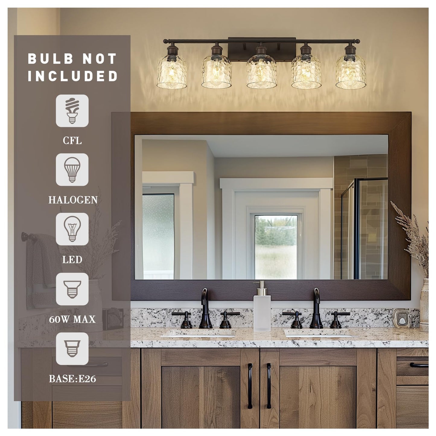 zeyu 35 Inch Farmhouse Bathroom Vanity Light Fixture, 5-Light, Oil Rubbed Bronze Finish, Clear Hammered Glass, Model ZJF63B-5W ORB