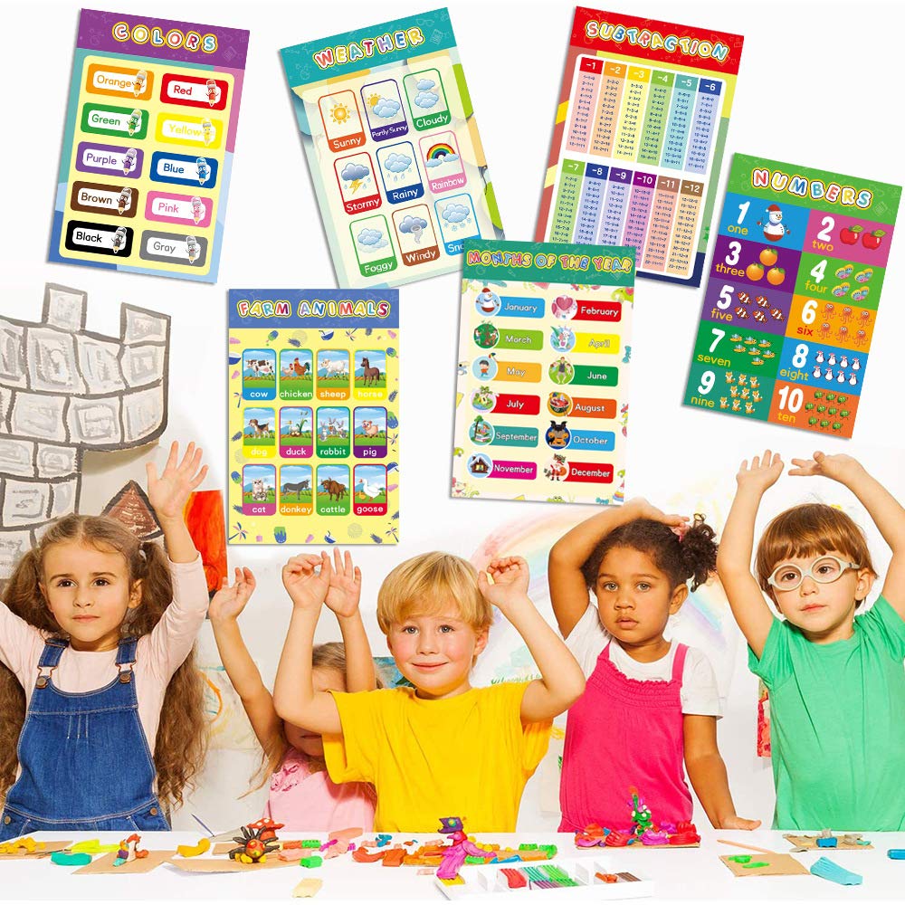 16 Pack Laminated Preschool Learning Posters for Toddlers, Waterproof Classroom & Homeschool Educational Wall Charts with Alphabet, Numbers, Math & Solar System, 16.5 × 11 in, Adhesive Dots Included