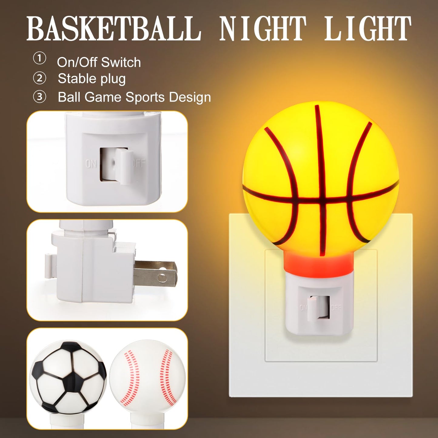 Dreyoo 3 Pack Sport Ball Nightlights - Warm White Plug-in Lamps for Bathroom, Hallway, Living Room - Orange, Black, White, Red