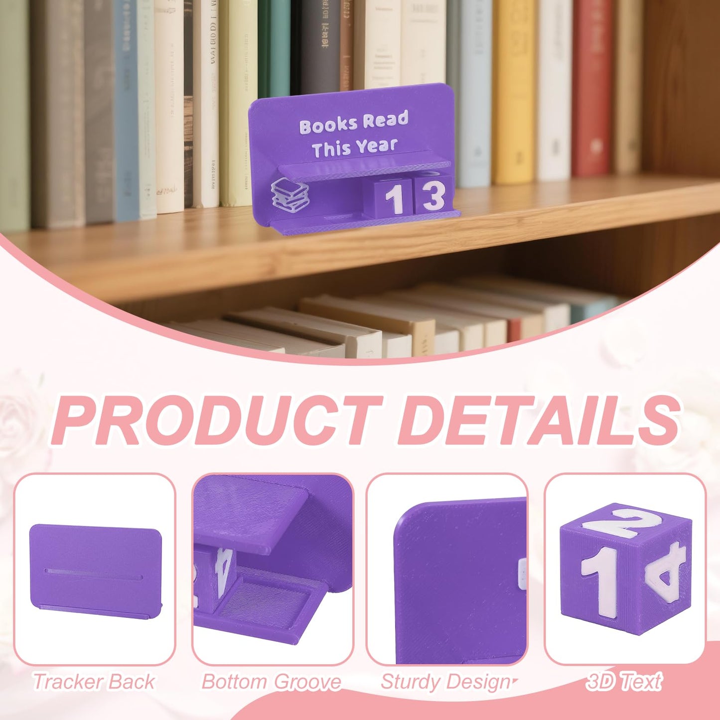 PATIKIL Books Read This Year Tracker, 3D Reading Challenge Counter Sign Library Bookshelf Decor Reading Challenge Number Up to 999 Books Gift for Reader Book Lovers Teachers, Purple