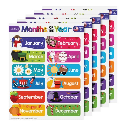 12 Months of the Year Chart for Preschool to Grade 1 Kids – Colorful Educational Visual/Learning Aid Poster Decoration for Classroom or Home | Glossy Durable Cardstock | 8.5" x 11" | 5 per Pack