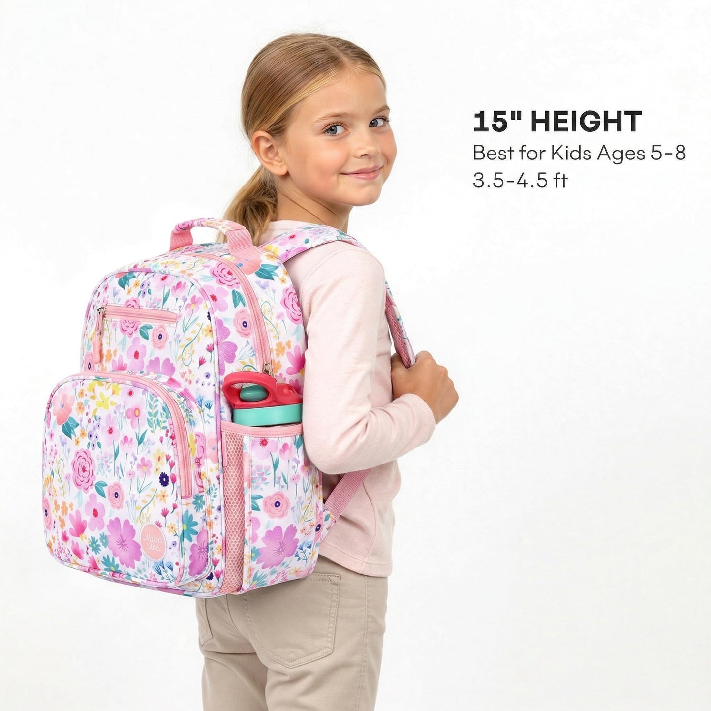 mibasies Kids Backpack for Girls: Girls Backpack 5-8 - Kindergarten Elementary School Bookbag for Girl - Flower Pink