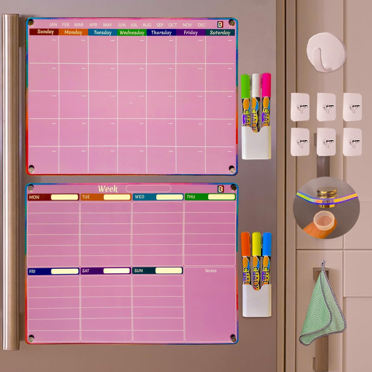 Pink Dry Erase Calendar for Fridge and Wall – Magnetic Acrylic Calendar 16x12 in, Dry Erase Board Reusable for Home or Office with 6 Liquid Chalk Markers | Pink Gifts for Women
