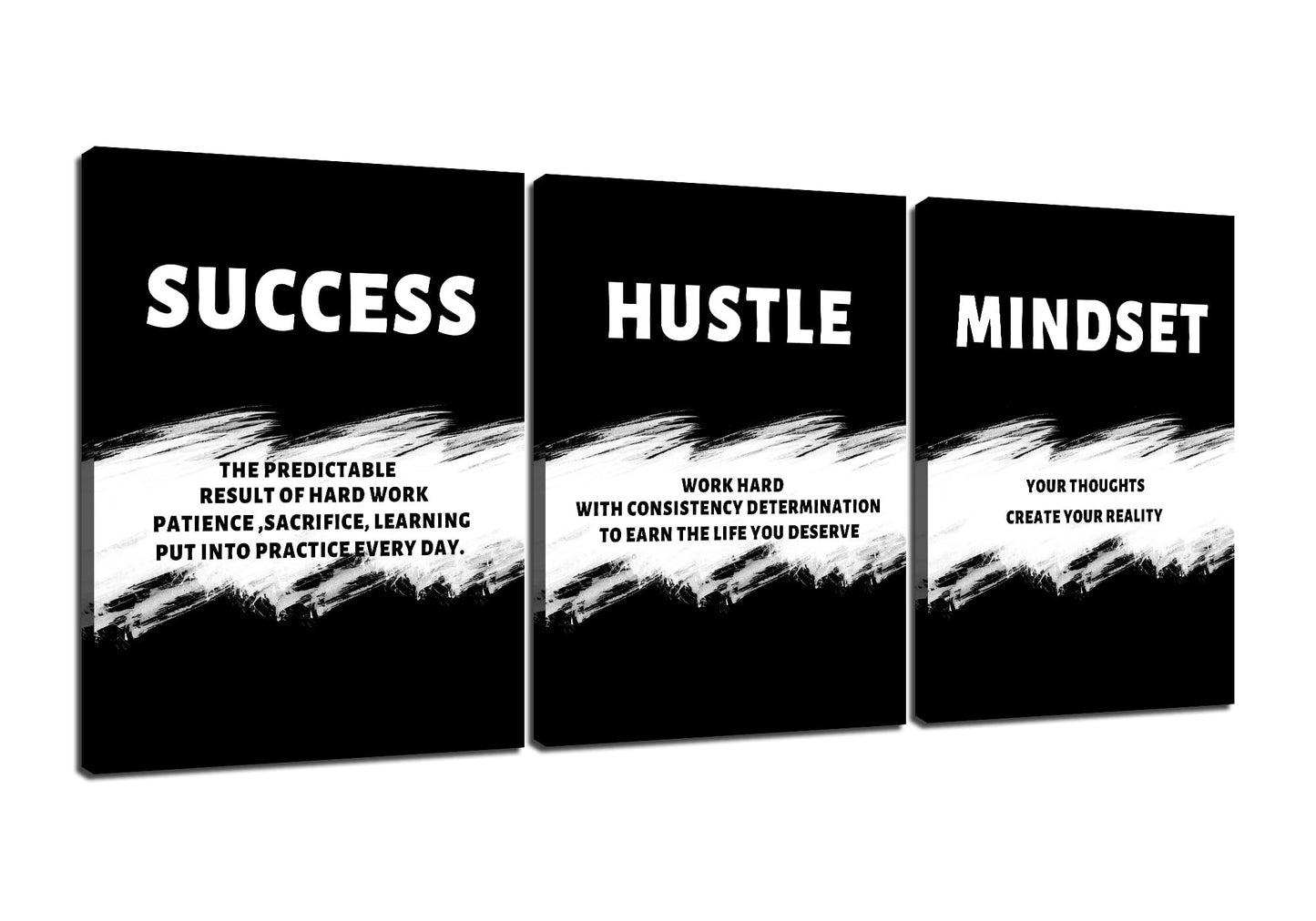 PSYYSP 3 Piece Canvas Wall Art Success Hustle Mindset Posters, Black White Motivational Triptych Wall Decor for Office, Bedroom, Dorm, Business Workspace, Framed Canvas 36x16inch