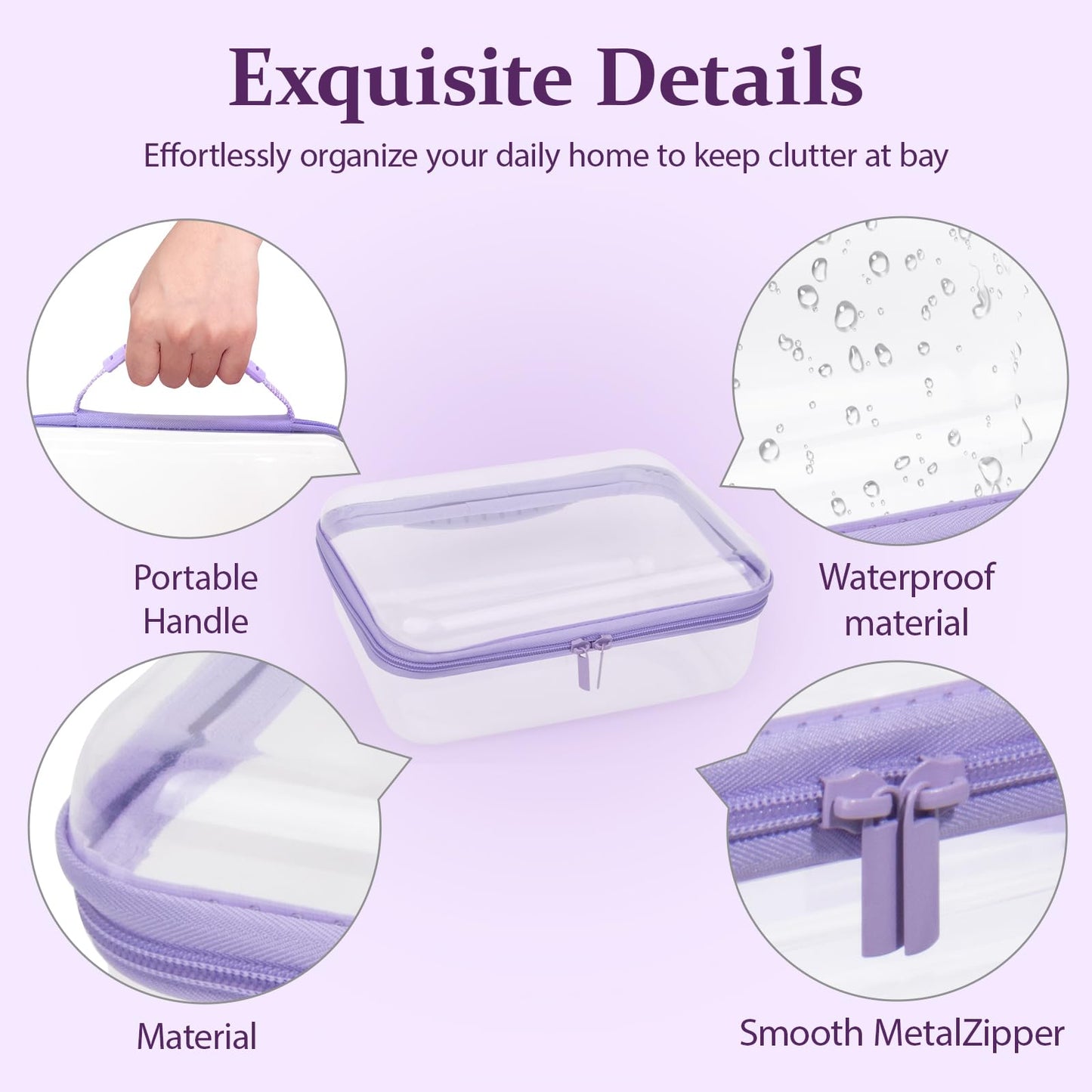 JeeVoya 3 PCS Clear Zipper Pouches with Handle, Diaper Bag Organizer, Clear Makeup Bags Hardshell Toy Storage Bins with Zipper Toiletry Pouch Bag for Cosmetics Pencils Puzzles, Building Blocks(Purple)