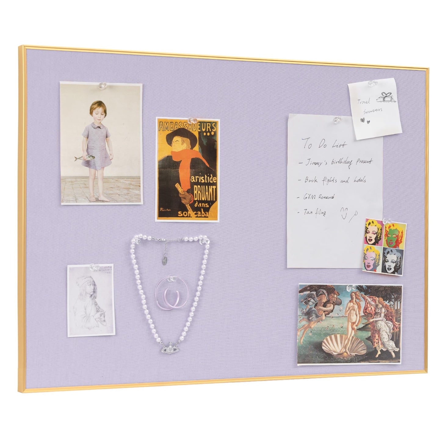 Lightomorrow Bulletin Board 30 x 20 inches, Light Lavender Pin Board, Golden Aluminum Framed Fabric Cork Board with 10 Push Pins