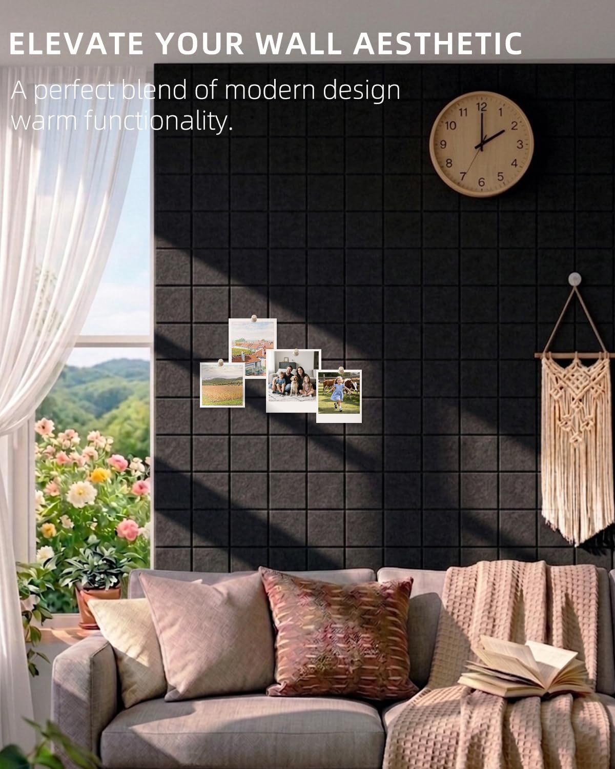 Large Felt Bulletin Board - 36" x 24" Self-Adhesive Felt Wall Tiles, Cork Boards Alternative, 6 Pack with 30 Wooden Pushpins, Cork Boards for Walls, Office & Home Decor, Push Pin Board - Black