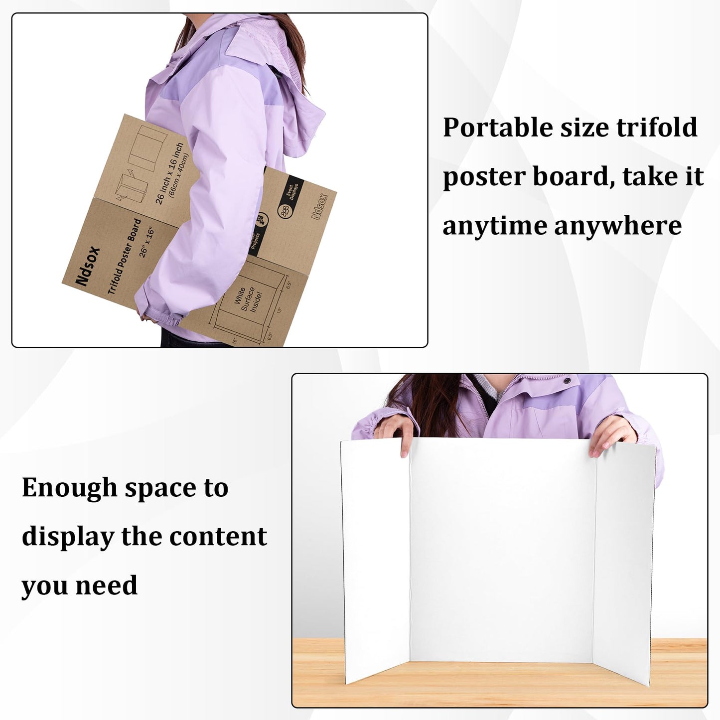 Ndsox 4 Pack 26" x 16" White Trifold Poster Board Medium Size Corrugated Tri Fold Project Poster Boards Science Fair Display Posterboards for Business Presentations, Event Displays, Art Exhibitions
