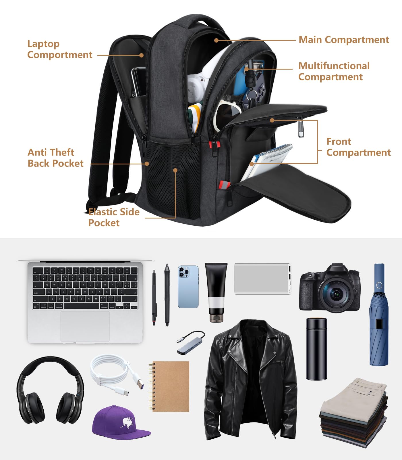 Skaypibs Backpack for Men,School Backpack for boys teens,Travel laptop backpack with Reinforced Straps,Water Resistant business Work college bookbag,book bag Fits 15.6 Inch,Black Back Pack