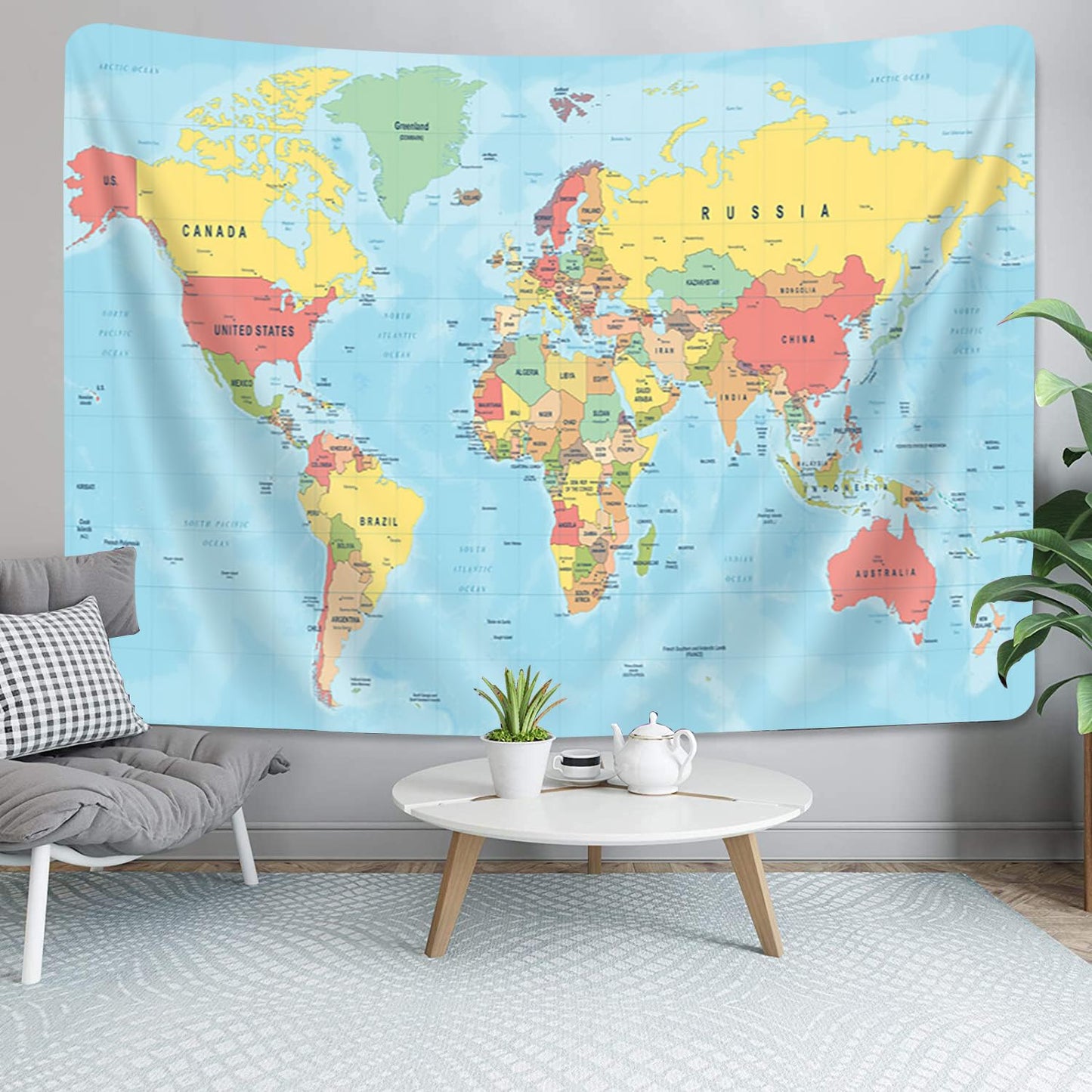 VeiVian World Map Tapestry, Asia Europe South City Topography America Africa Japan Poster Tapestries, Educational Kids Student Map of World Tapestry for Bedroom Living Room Home Office, 80X60in