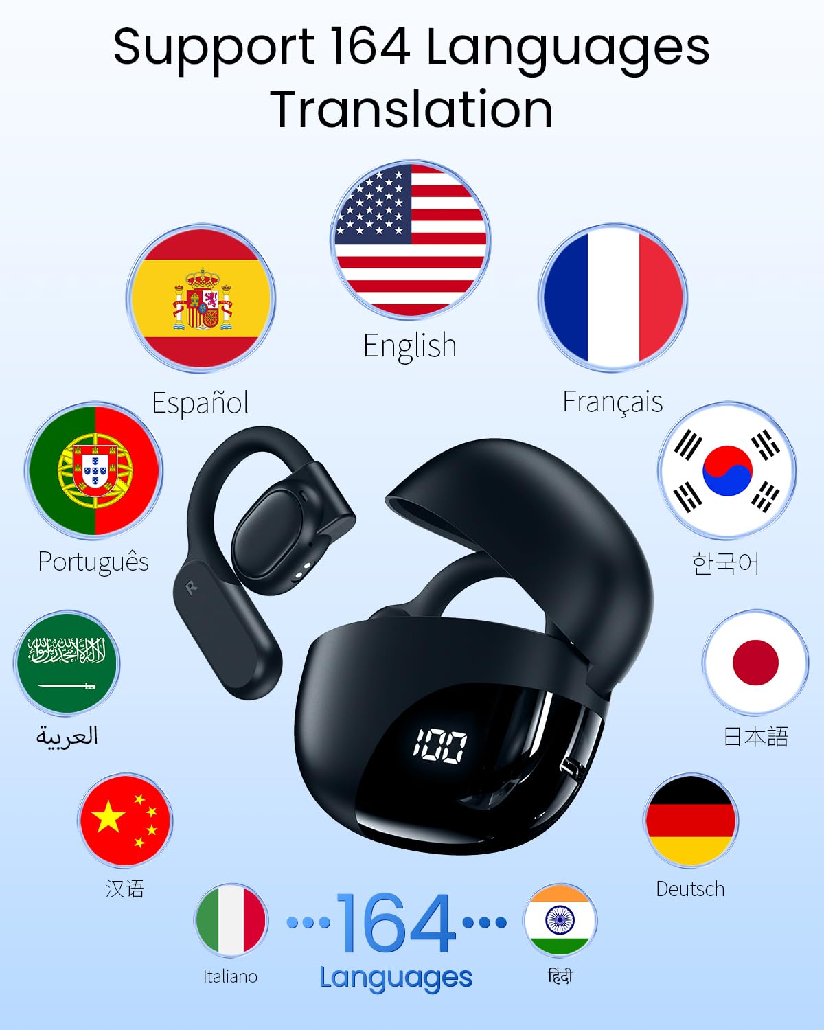 AI Translation Earbuds Real Time 164 Languages 80H Playtime Translator Ear Buds Audifonos Traductores Inglés Español Wireless Earphones Bluetooth AI Headphone for Travel Meeting Learning K08 Jet Black