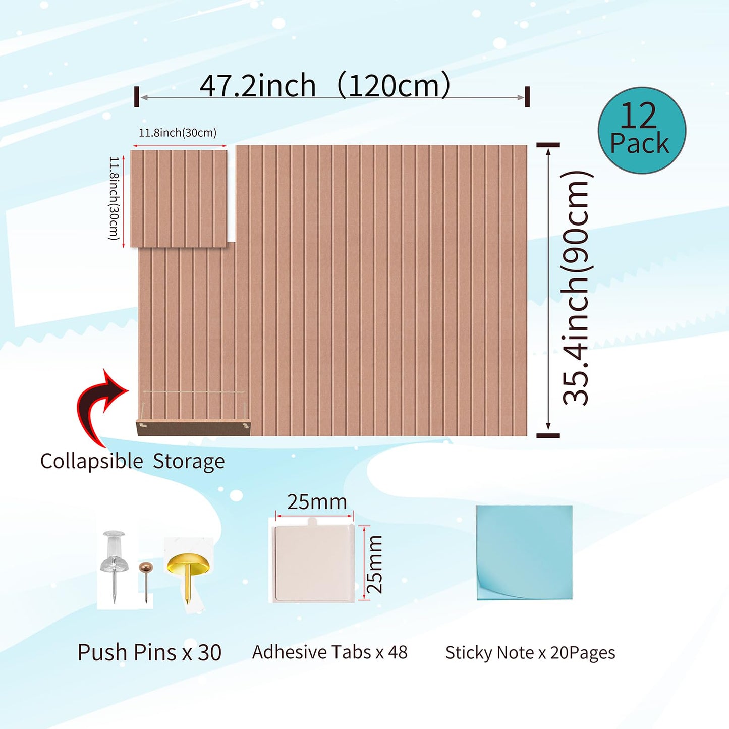 12 Pack Bulletin Boards 48" x 36" Alternative Cork Board for Office,Built-in Storage Device，Large Cork Boards for Walls ， Felt Wall Tiles, Contains Removable Security Stickers and PushPins (V-Pink)