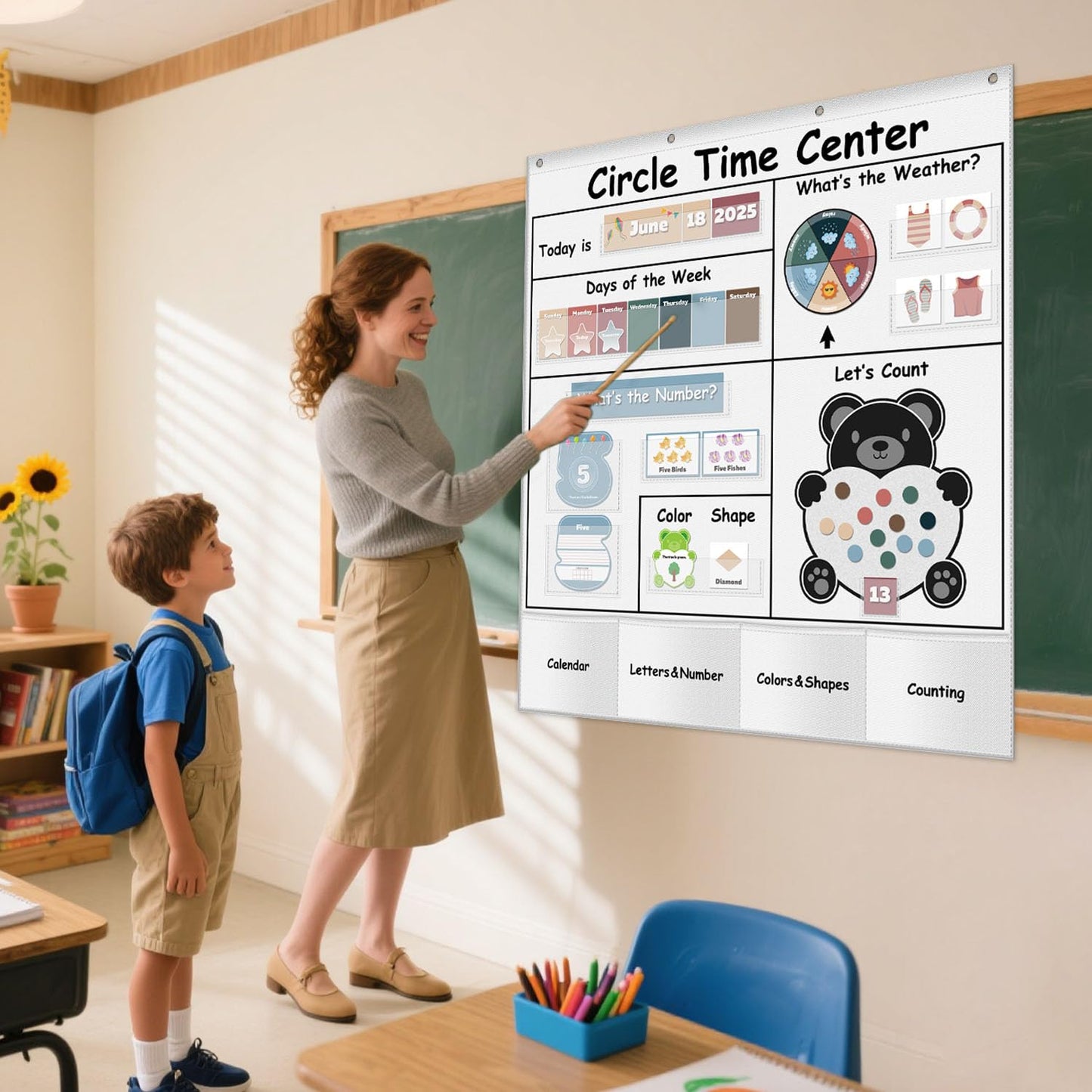 Circle Time Learning Center Pocket Chart for Classroom, Dry Erase Alphabet & Number Flash Cards, Write ABC Letter Tracing Writing Practice Games for Kids, Learning Weather Counting Color Shape