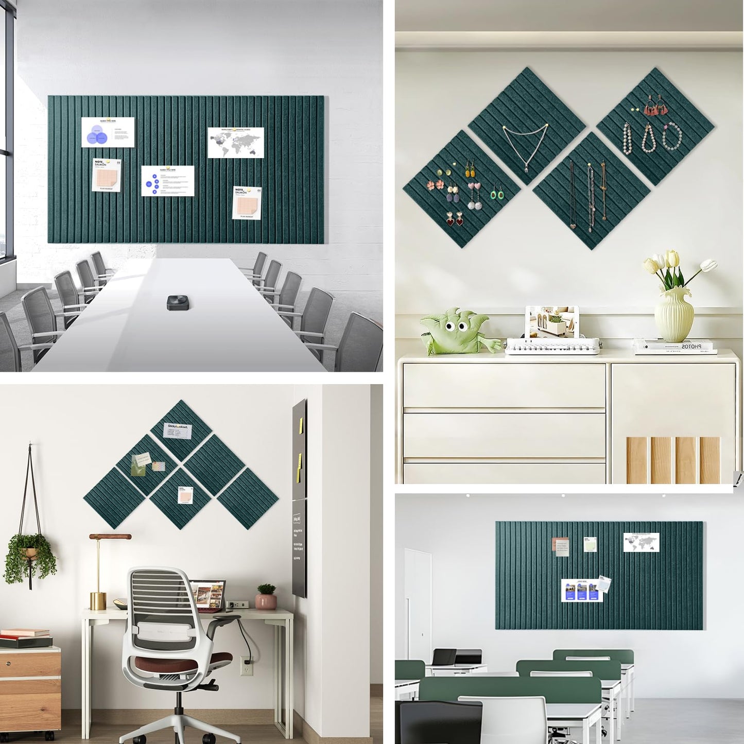 Large Cork Board for Office, 8 Pack Felt Wall Tiles with Slat Wall Paneling and Safe Removable Adhesive Tabs, Felt Bulletin Board Pin Board Cork Boards for Walls - Forest Green