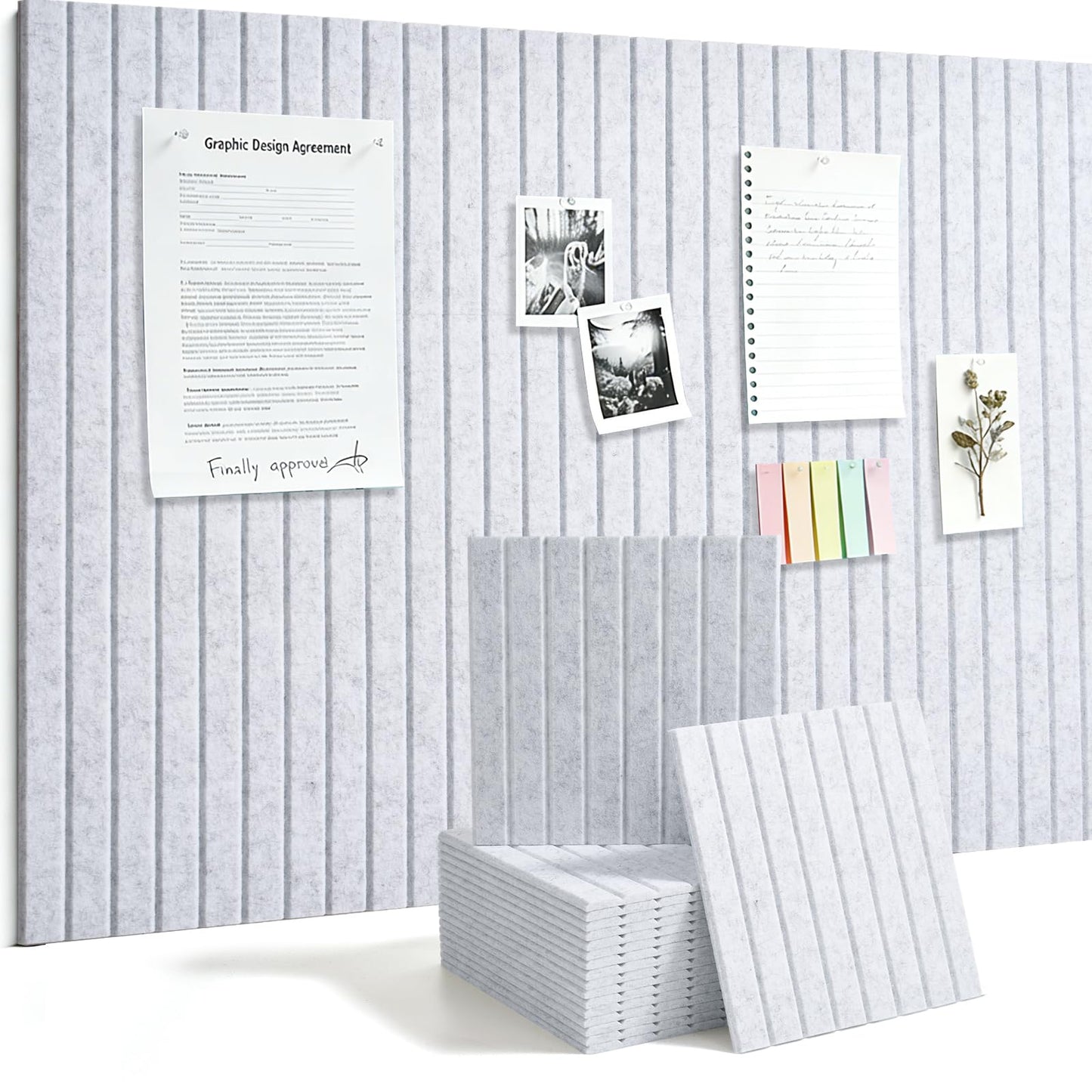 Slat Felt Wall Tiles (12 Pack) - 11.8"x11.8" Self-Adhesive Bulletin Board for Wall, Acoustic Panels for Sound Dampening, Modern Black Pin Board, Home Office Decor (30x30cm)