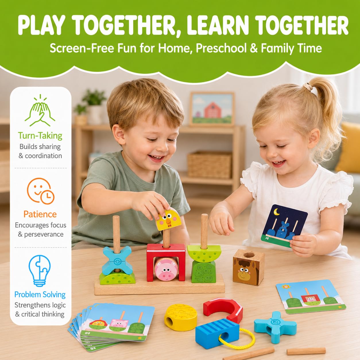 hahaland Montessori Toys for 1 2 3 Year Old, Wooden Farm Stacking & Sorting Toy with Lacing Beads, Shape Cards & Brain Blocks, Toddler Puzzle Activity, Learning Gift for Boys Girls 12 Month+