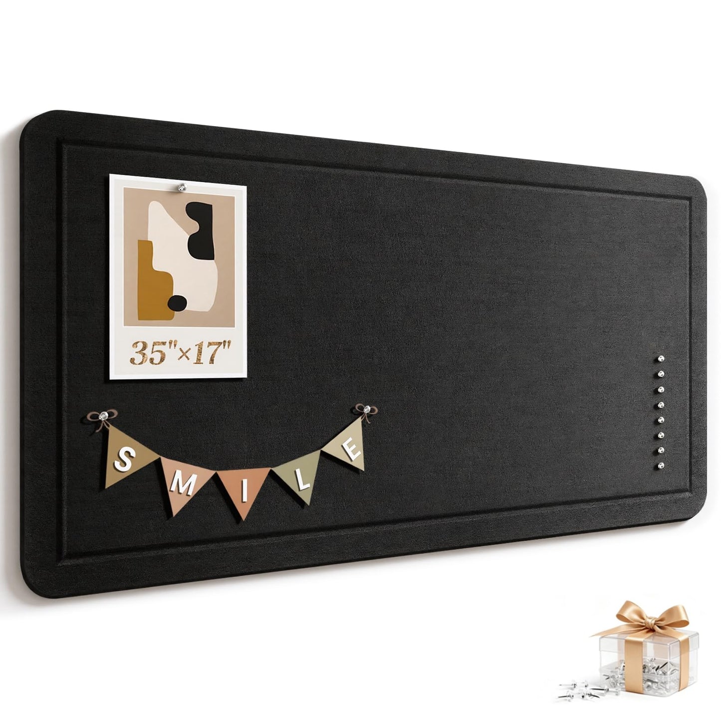 Large Bulletin Board, 60 X 36 Inches Felt Cork Board with 40 Pushpins, Foldable Felt Notice Pin Board Photo Display Board with Self-Adhesive Tape for Office Home School (Black, 35x17 inch)