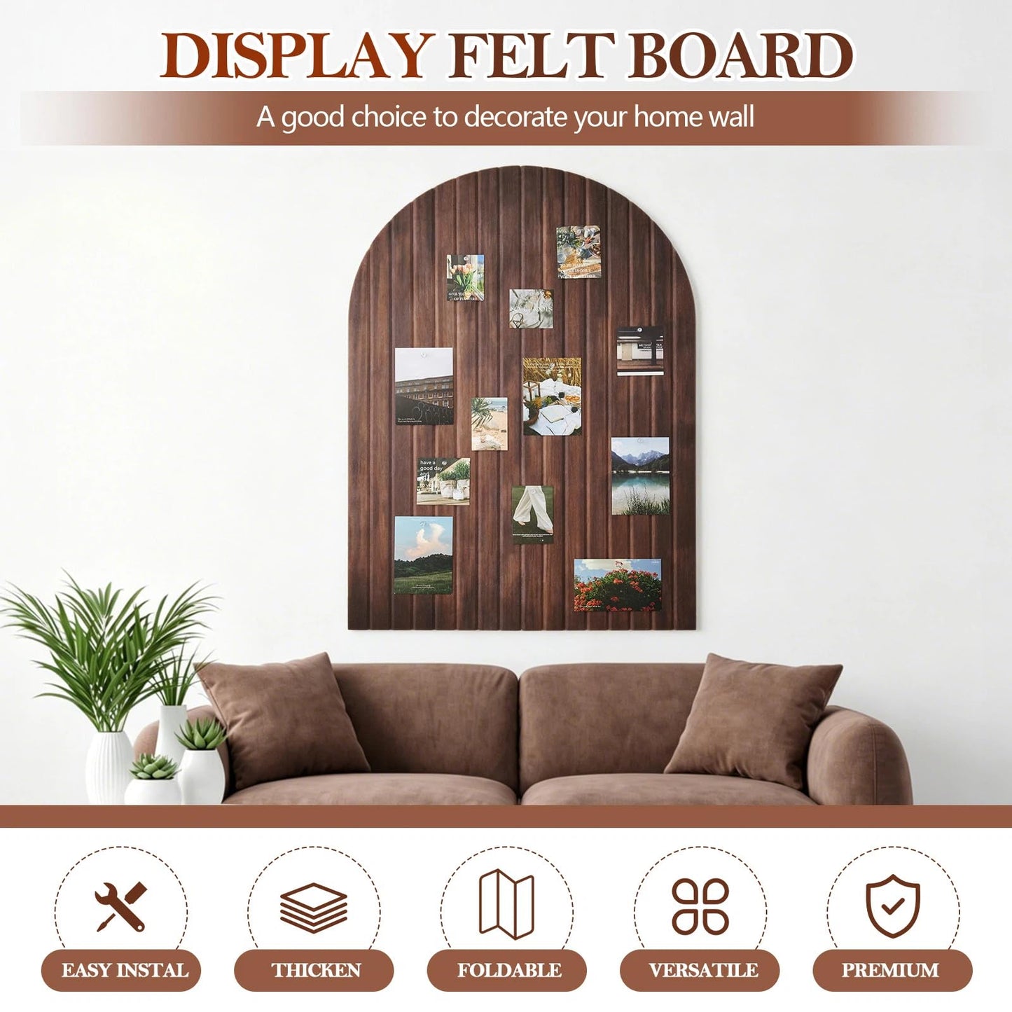 Mindsoft 1 Pcs 35" x 24" Large Integrated Arched Felt Bulletin Board - Foldable Cork Board Alternative - No Assembly Wall Decor for Office, Bedroom & Home Display Photos (Walnut)