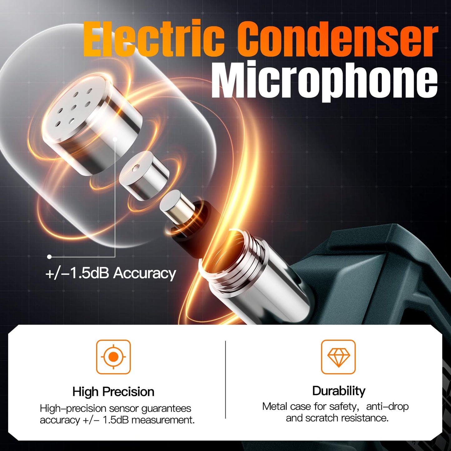 Decibel Meter, Goldeep SL750A Digital Sound Level Meter 30-130dB, A/C Weighted DB Meter with dB/SONE, Fast/Slow, MAX/MIN, LCD Sound Meter for Home, Office, Factory, Neighbor Noise - Vitality Orange