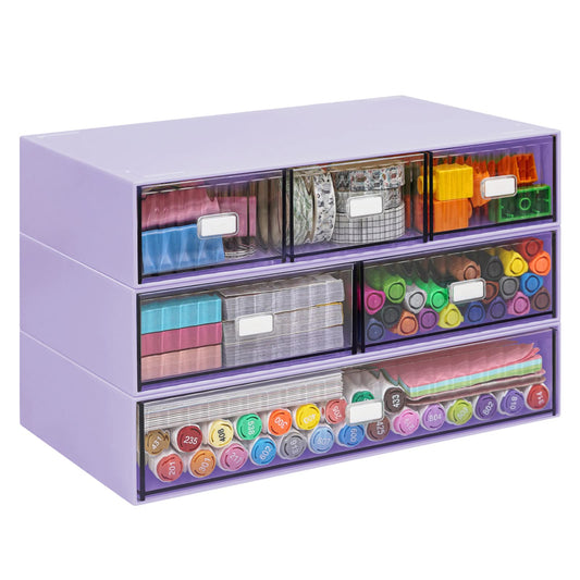 3 Tier Stackable Desk Organizer with 6 Drawers, Plastic Desktop Storage Box Drawers, Detachable Makeup Storage Office Stationery Supplies Organizer for Office School(Purple)