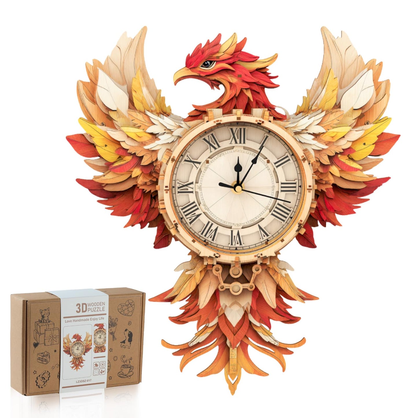 Rnfinewow 3D Wooden Puzzles for Adults, 3D Puzzle Phoenix Clock (with Pendulum), 3D Puzzles for Adults Teens Home Decor Clock Crafts for Adult Puzzle Gifts for Adult