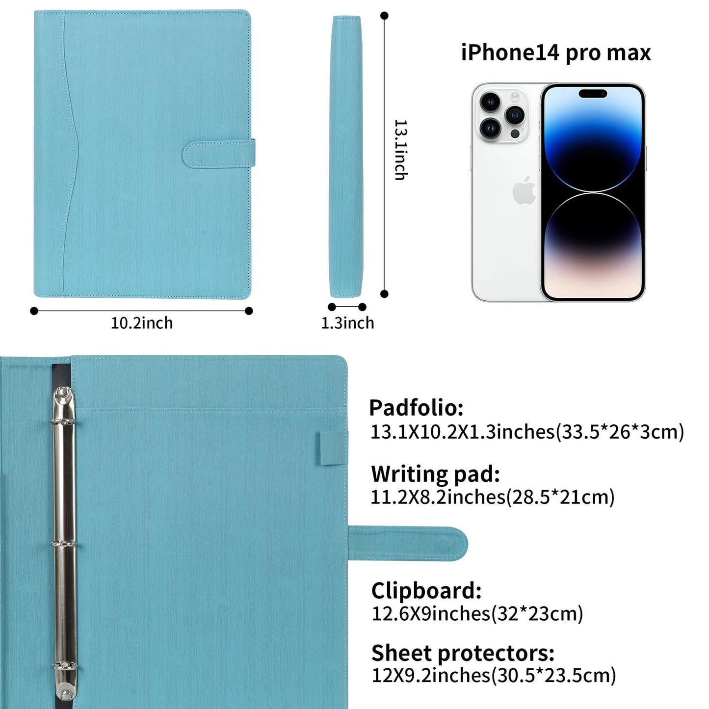 Wonderpool A4 PU Leather Portfolio Holder Ring File Document Case with Removable Binder Clipboard, Multi Pocket and Legal Pad for Business Organizer Interview and Meeting (Light Blue)