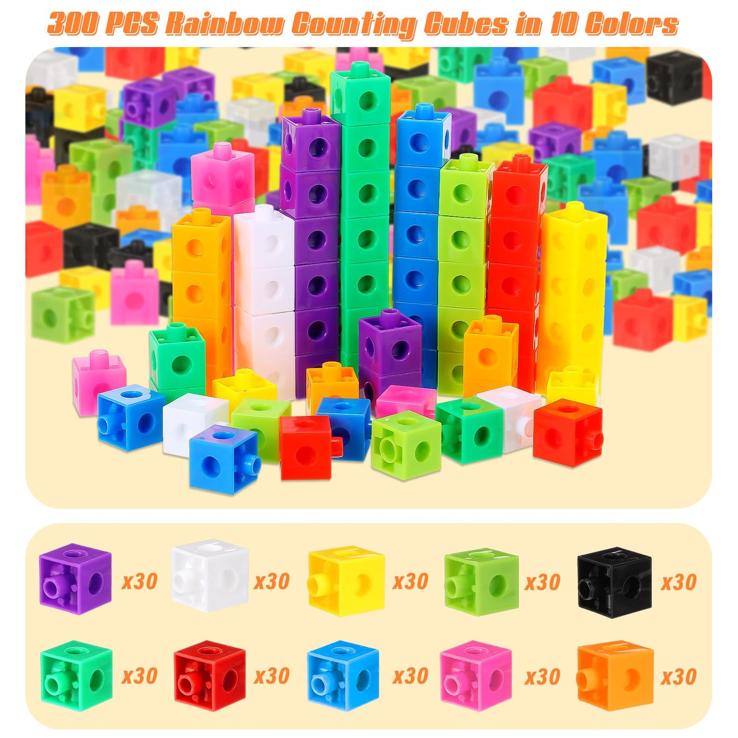 Jenaai 300 Pcs Counting Cubes, Plastic Connecting Blocks, Colorful Math Cubes, Math Manipulatives Classroom Learning Supplies, Preschool Learning Materials, Counting Toys(Classic Style)