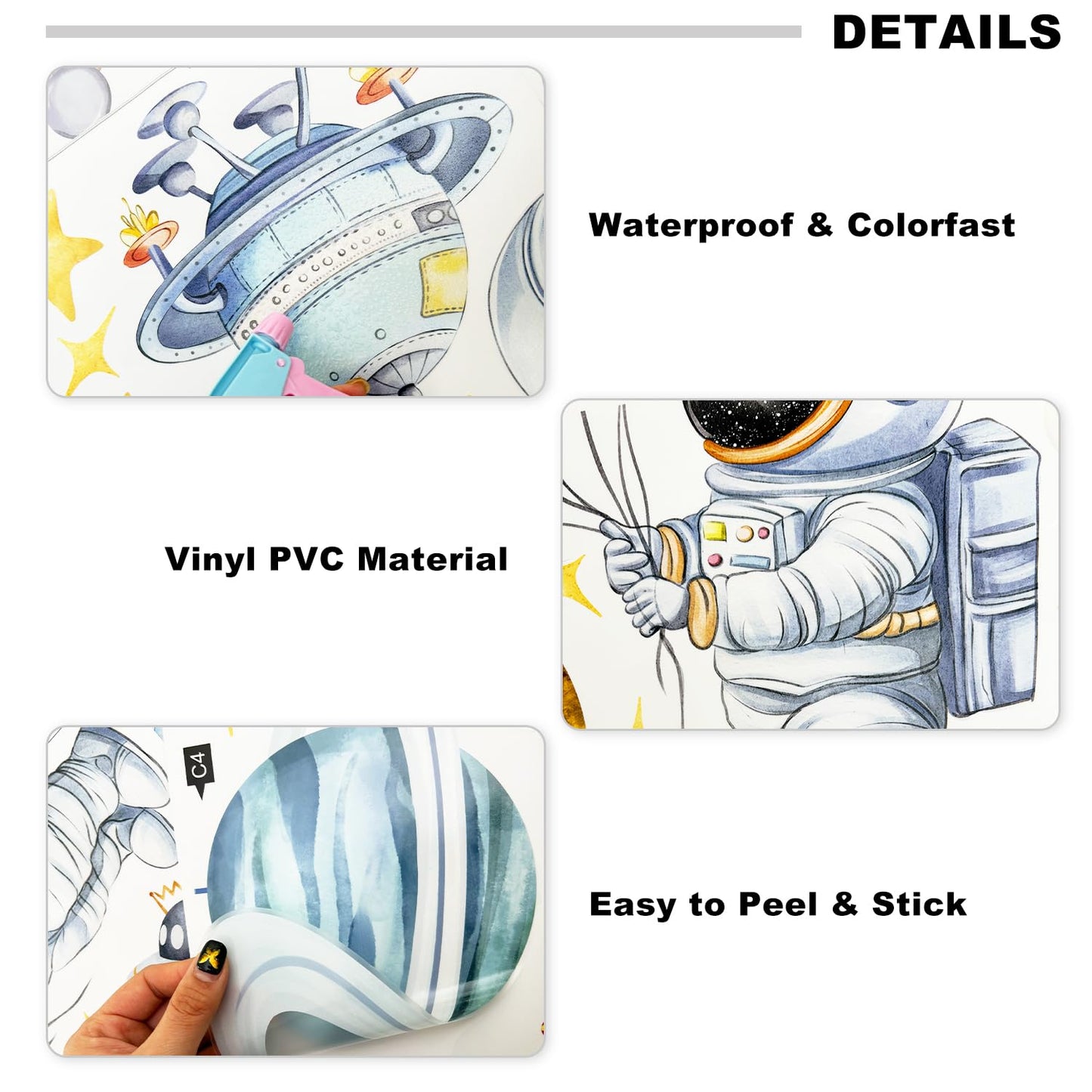 Space Astronaut and Planet Wall Stickers 3 Sheets Watercolor Galaxy with Rocket Decals Self-Adhesive Peel and Stick for Kids Room Nursery