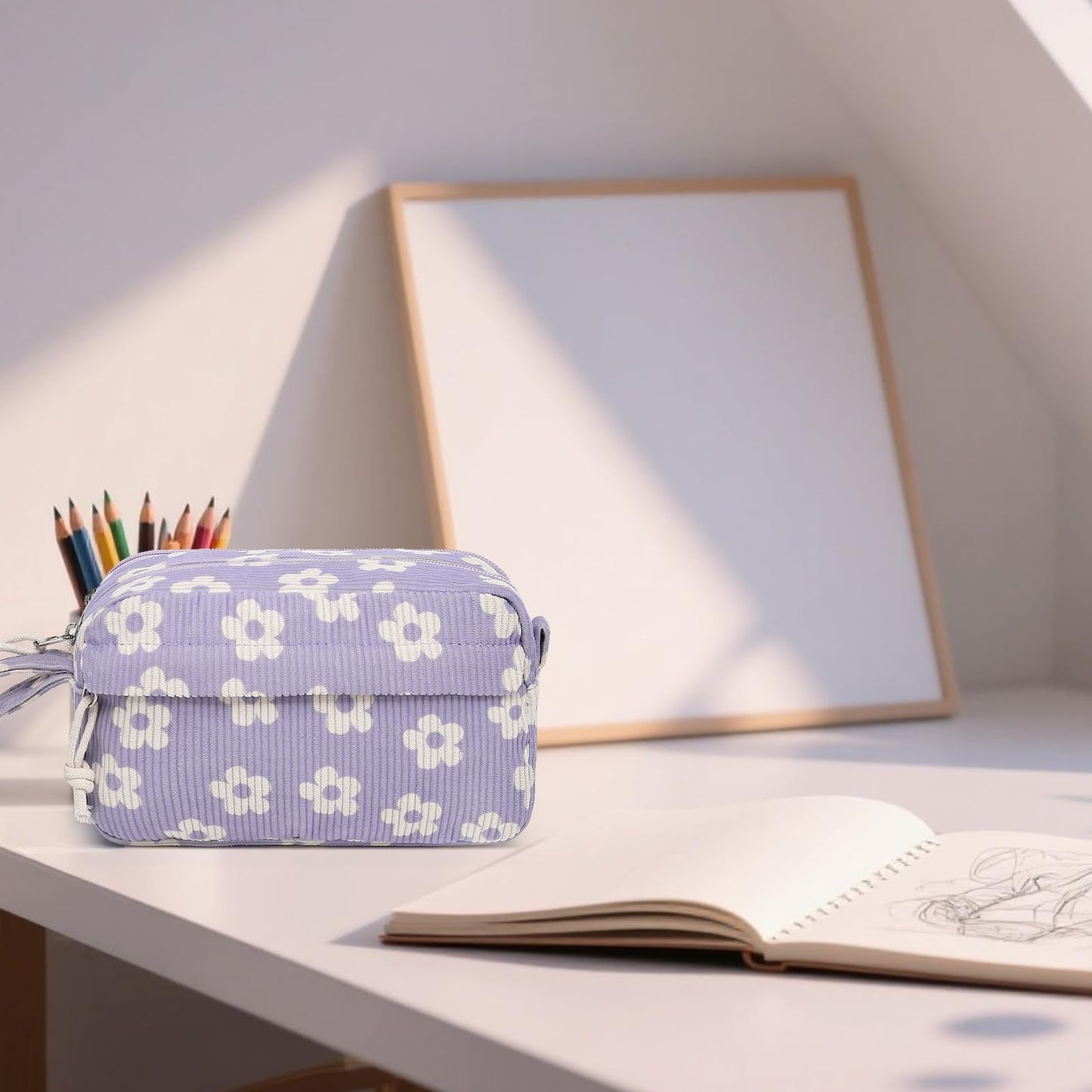 Bluboon Big Capacity Pencil Case Pencil Pouch Pen Case School Supplies Cute Pencil Box Pencil Bag for Teen Girls Boys Women Man (Beige Flower Purple)