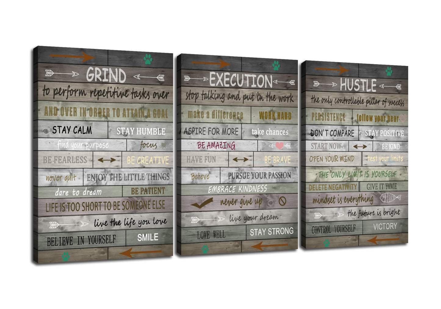 PSYYSP 3 Piece Canvas Wall Art Grind Execution Hustle Posters, Rustic Motivational Triptych Wall Decor for Office, Bedroom, Dorm, Business Workspace, Framed Canvas 36x16inch