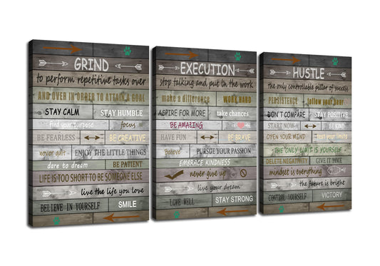 PSYYSP 3 Piece Canvas Wall Art Grind Execution Hustle Posters, Rustic Motivational Triptych Wall Decor for Office, Bedroom, Dorm, Business Workspace, Framed Canvas 36x16inch