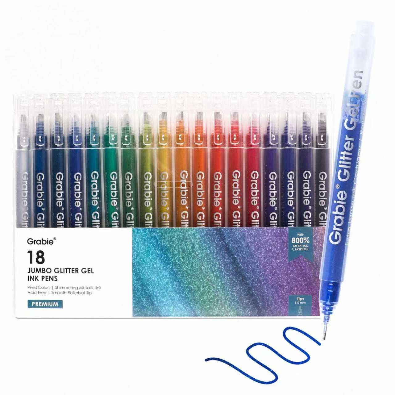 Grabie Jumbo Glitter Gel Pens Set of 18, Metallic Sparkle Gel Ink Pens, Large Capacity Vibrant Glitter Pens for Coloring Books, Drawing, Journaling, Scrapbooking & DIY Crafts, Smooth Writing Art Pens