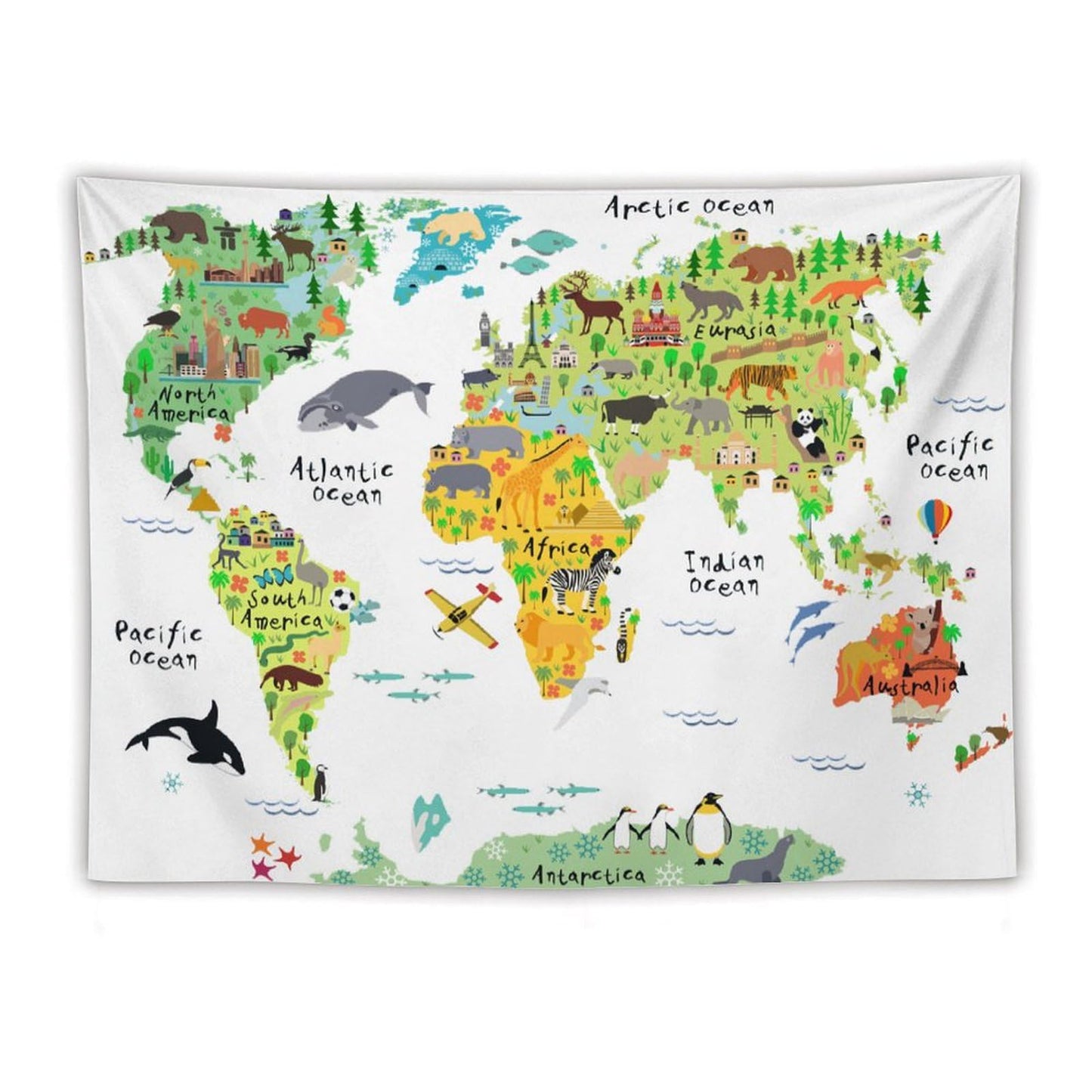 DDCBNS Kids World Map Tapestry, Cartoon Animal Map for Boys & Girls, Fun Educational Wall Hanging for Study, Classroom, Bedroom, Living Room - 80" x 60"