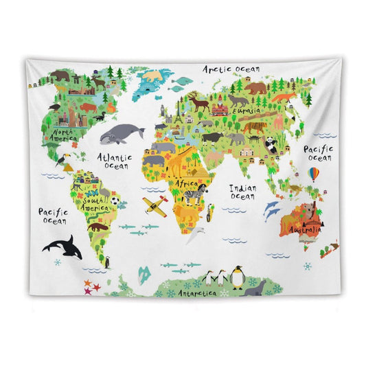 DDCBNS Kids World Map Tapestry, Cartoon Animal Map for Boys & Girls, Fun Educational Wall Hanging for Study, Classroom, Bedroom, Living Room - 80" x 60"