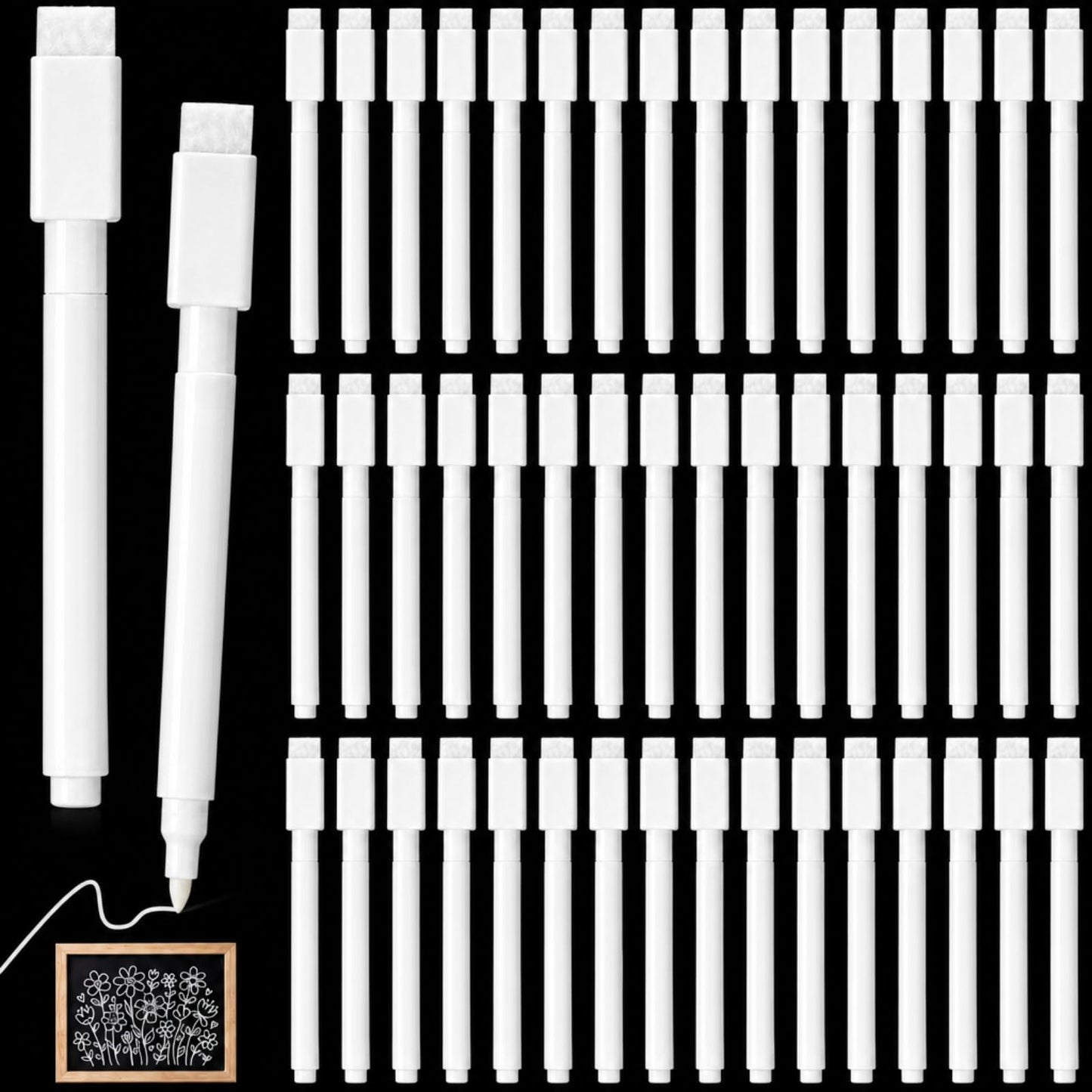 Poola Voidra 200 Pcs White Dry Erase Markers Pens Dry Erase Marker with Eraser Cap White Chalk Markers Pens Fine Point Tip Erases Marker Bulk Low Odor Blackboard Marking Pen for Office School Home